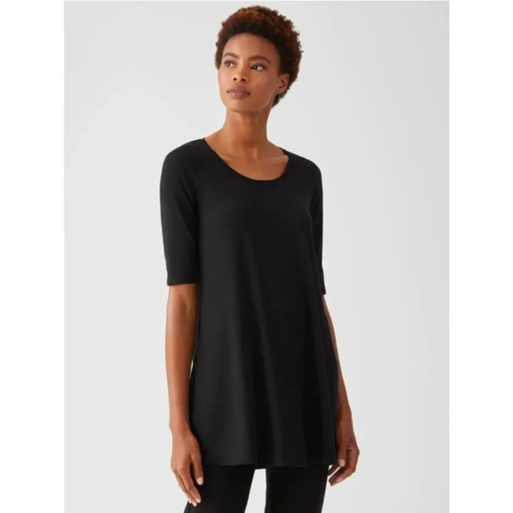 Eileen Fisher‎ Black Viscose Jersey Tunic Size M Black Scoop Neck Elbow Sleeve